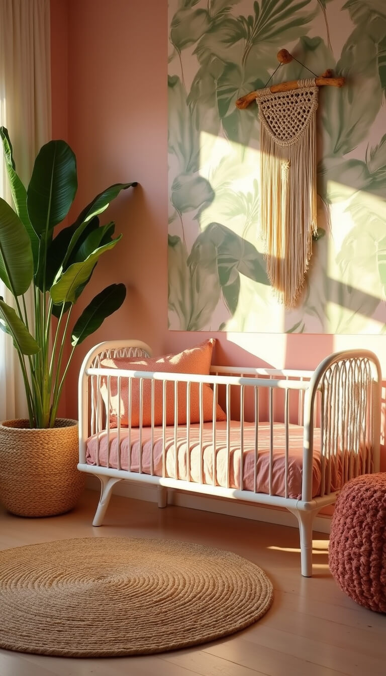 Tropical chic nursery with blush pink walls, monstera wallpaper, white rattan crib, coral bedding, peacock chair, layered rugs, potted palm, and macramé decor in golden hour lighting.
