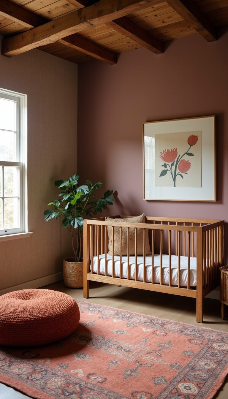 Earthy nursery with mauve walls, grasscloth wallpaper, solid oak crib, terra cotta pouf, and vintage Persian rug under moody natural light.