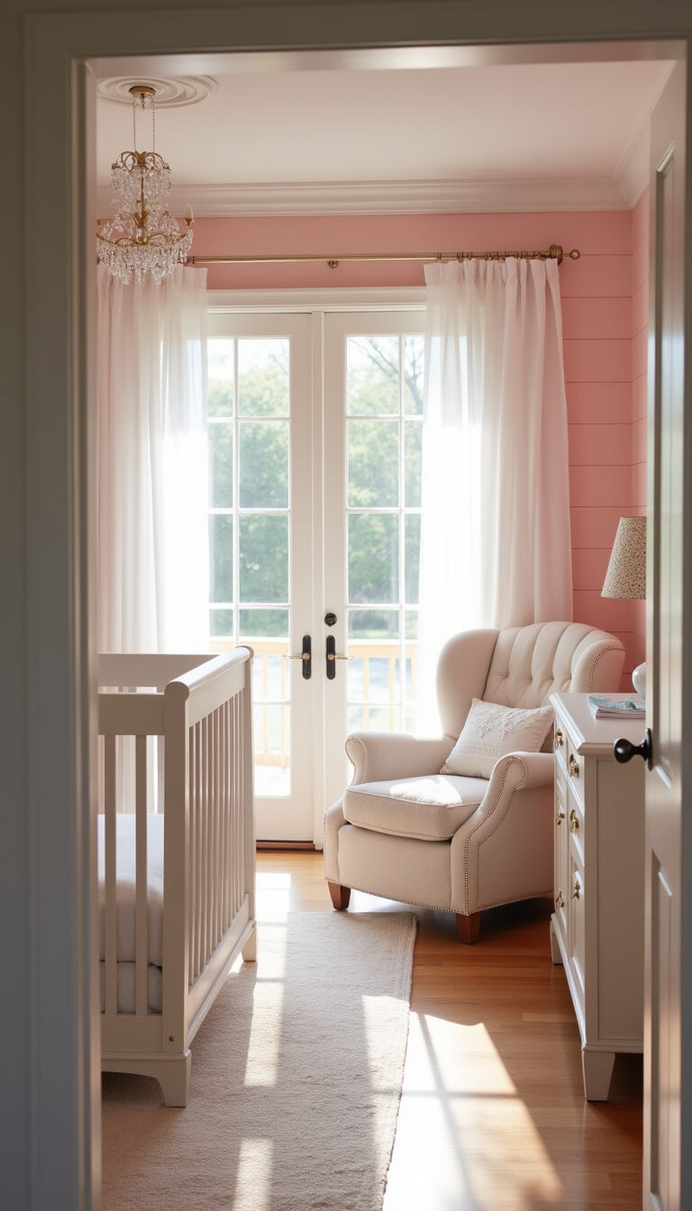 Airy pink-and-white nursery with shiplap accent wall, white Jenny Lind crib, cream tufted rocker, and sparkling crystal mobile in soft morning light.