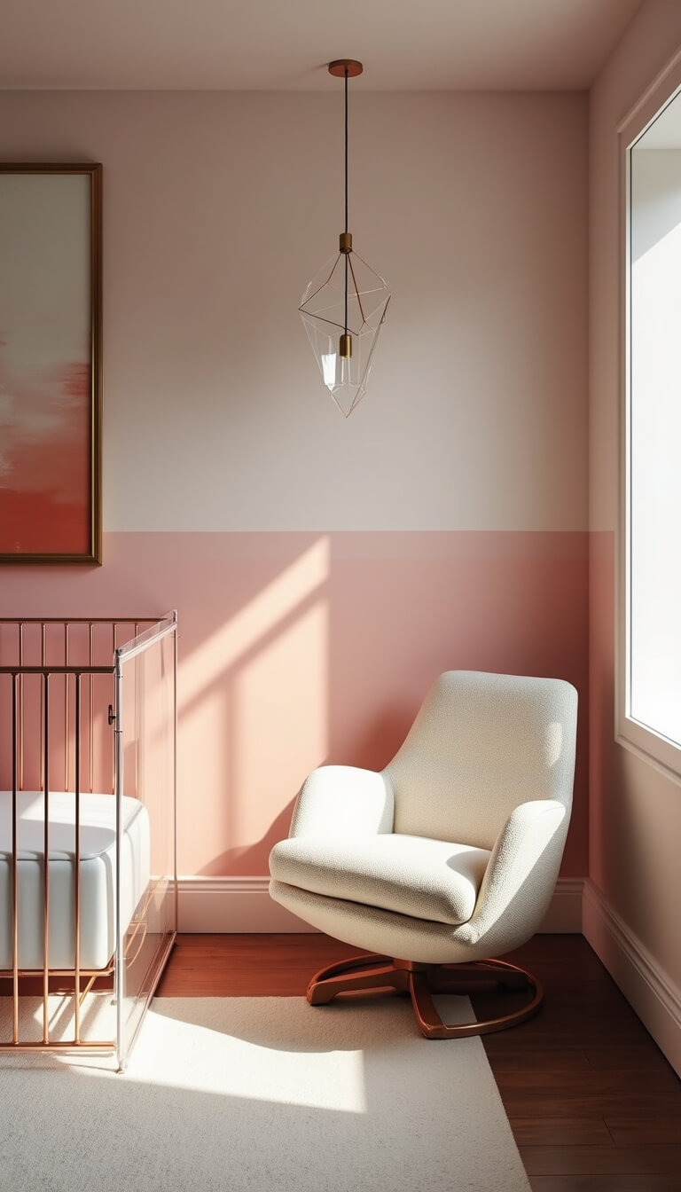 Contemporary nursery with ombré pink walls, acrylic crib with rose gold accents, cream boucle glider, geometric pendant light casting shadows, and abstract coral and gold art in moody twilight lighting.