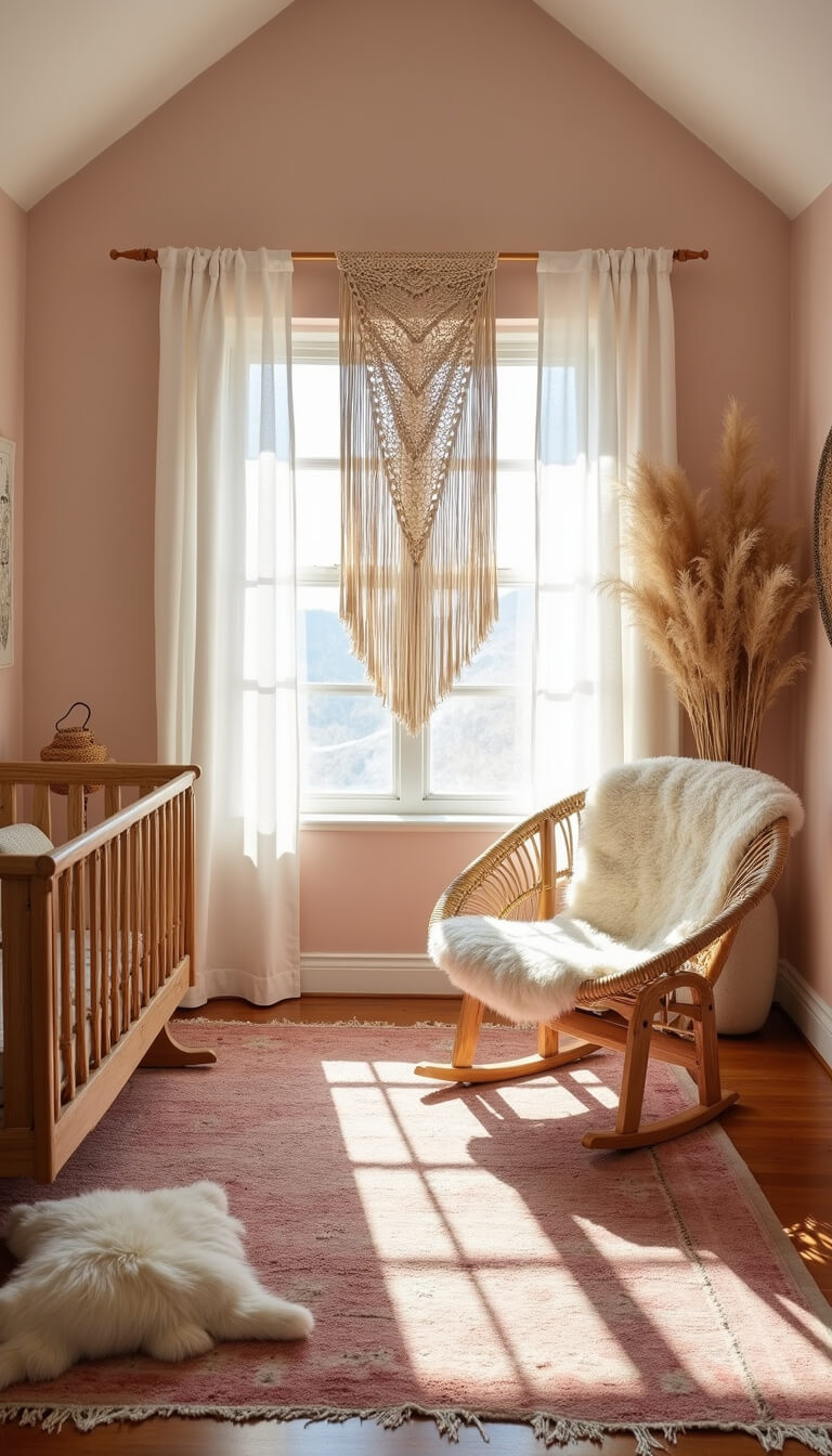 Bohemian nursery with pale pink walls, natural wood crib, rattan hanging chair, and vintage Moroccan rug under vaulted ceiling with sheer curtains and soft sunlight.