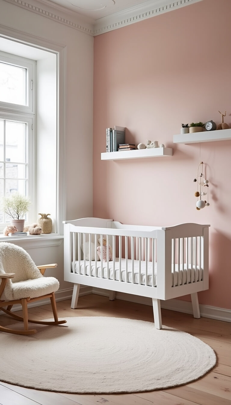 Scandinavian minimal nursery with blush pink color block wall, white crib, sheepskin rocker, floating shelves, geometric rug, and monochrome mobile under soft daylight.