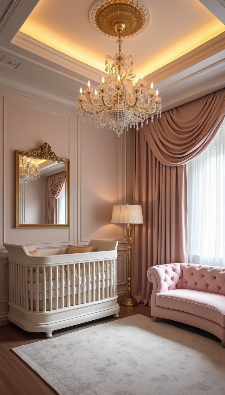 Luxurious glam nursery with tray ceiling, dusk lighting, pale pink wallpaper, gold leaf detail, cream velvet crib, blush pink sofa, oversized mirror, and crystal lamps.
