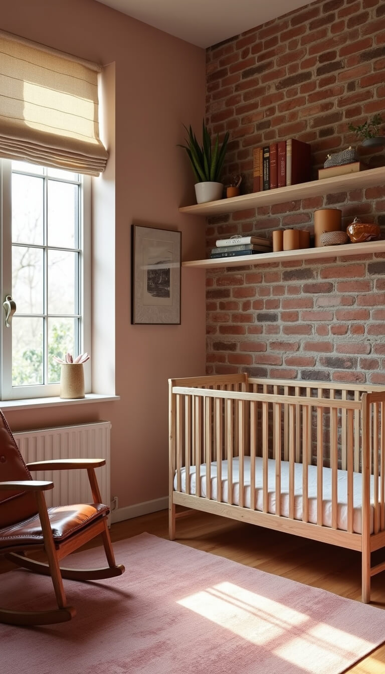 Rustic modern nursery with wooden accent wall and dusty pink painted brick, natural wood crib, leather rocker, vintage pink overdyed rug, industrial copper shelf, lit by mid-morning natural light through roman shades.