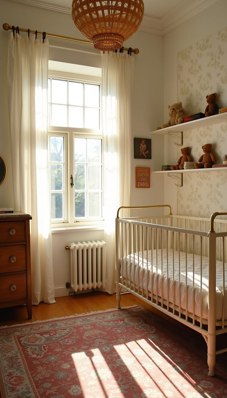 Vintage-inspired nursery with antique crib, oak dresser, floral wallpaper accent, and golden hour sunlight streaming through lace curtains.