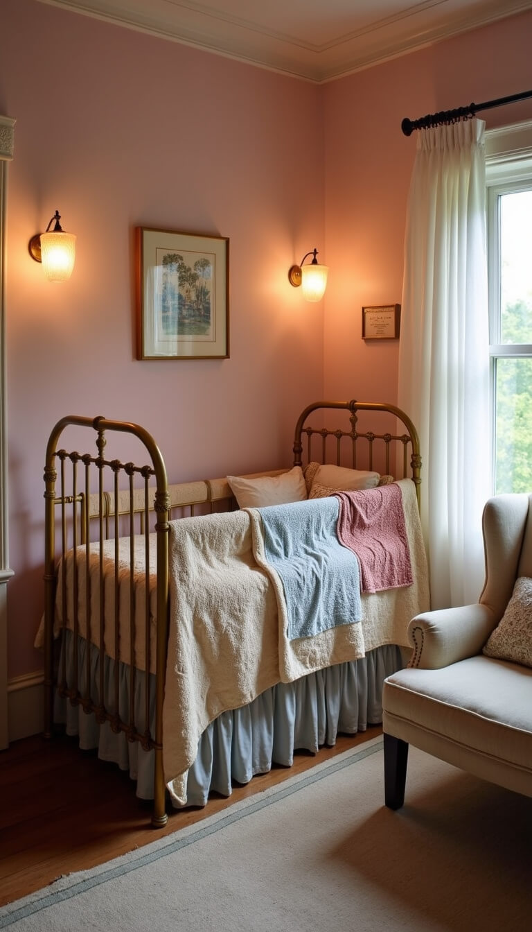 Dreamy dusk nursery with restored brass crib, vintage quilts and pillows, soft glow from sconces, and cozy wingback reading nook.