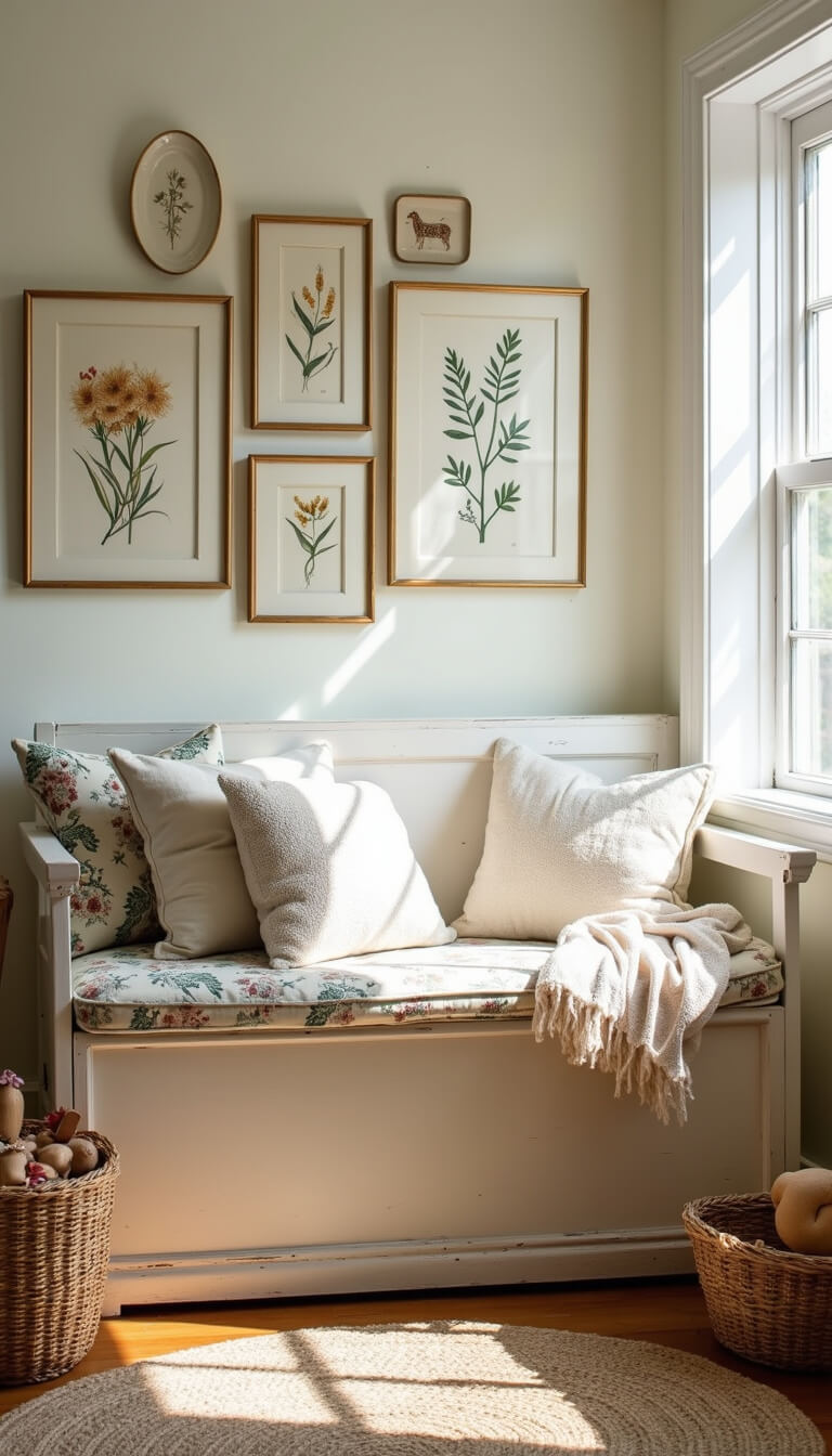 Sunlit play corner with whitewashed toy chest, vintage floral window seat, textured rug, woven baskets of wooden toys, and botanical prints on wall.