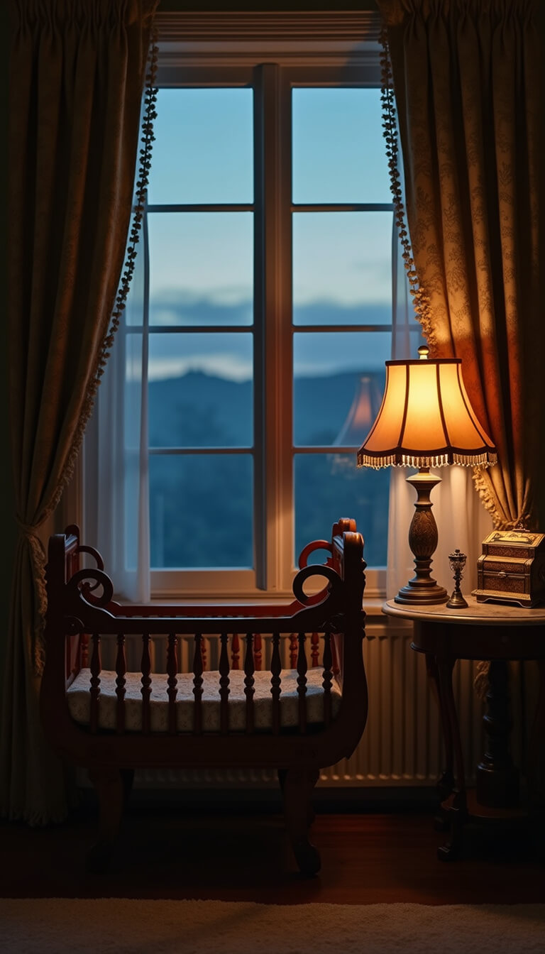 Antique wooden cradle with ornate scrollwork in moody nursery, lit by amber Victorian lamp, flanked by damask curtains and vintage baby items on marble table.