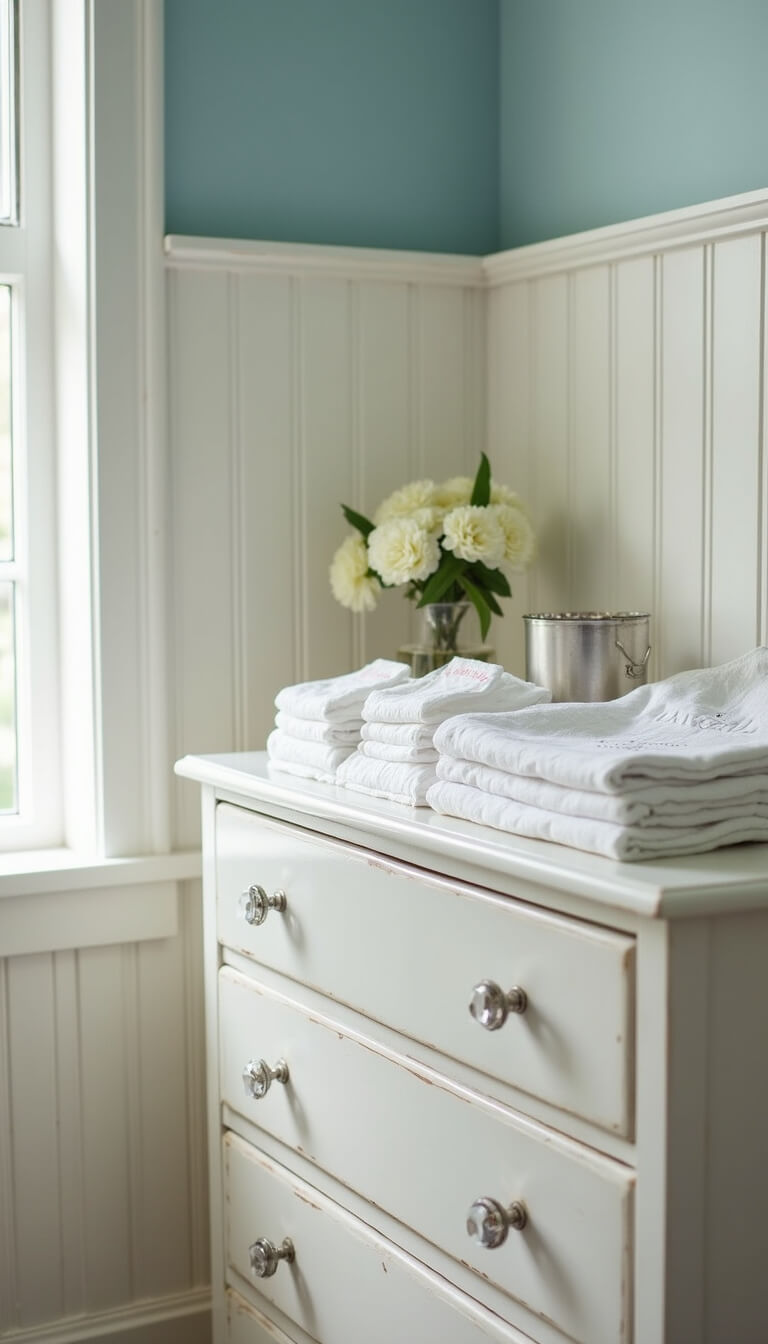Close-up of vintage white dresser with crystal knobs used as changing table, featuring folded cotton diapers, embroidered bibs, and silver cups in morning light against pale blue walls and white beadboard.