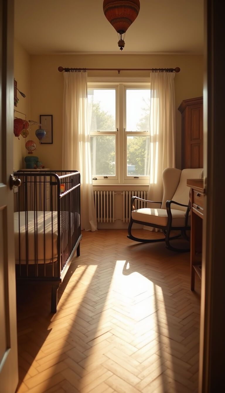 Wide-angle view of a 14x16ft nursery at golden hour with iron crib, rocker, oak armoire, and desk arranged in zones; sunlight and vintage hot air balloon mobile cast long, whimsical shadows on herringbone hardwood floor.