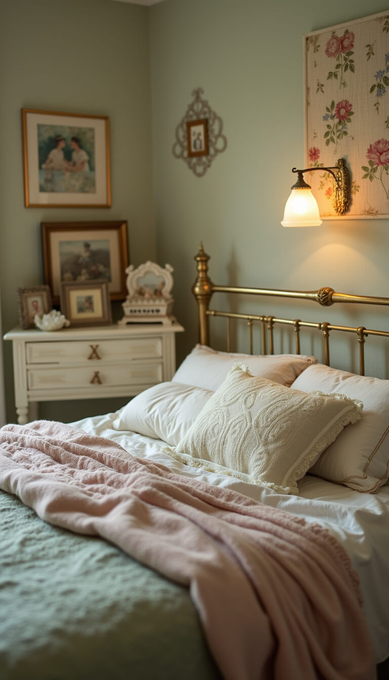 Antique brass crib with layered vintage bedding in soft tones, softly lit by a milk glass sconce, viewed from crib-height with dreamy bokeh effect.