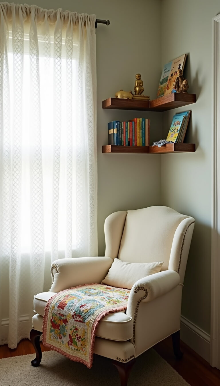 Cozy reading nook with morning light through lace curtains, Victorian nursing chair in vanilla linen, handmade quilt, and shelves with children's books and brass bookends.