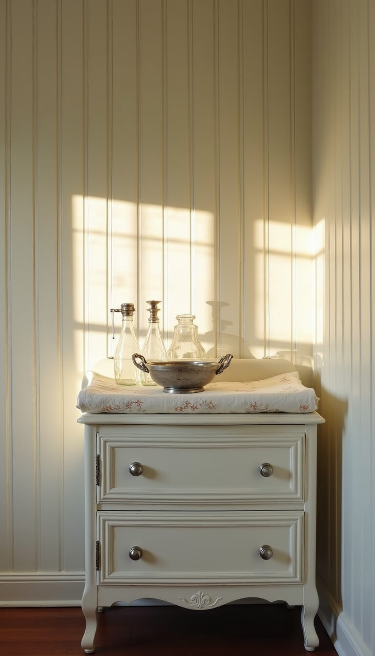 Antique washstand repurposed as nursery changing table with vintage basin, silver accessories, and embroidered linens in dramatic late afternoon light.