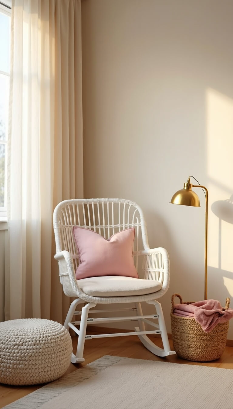 Cozy nursery corner at dawn with white rattan glider, cream knit pouf, blush pillow, and woven basket, softly lit by natural and gold lamp lighting.