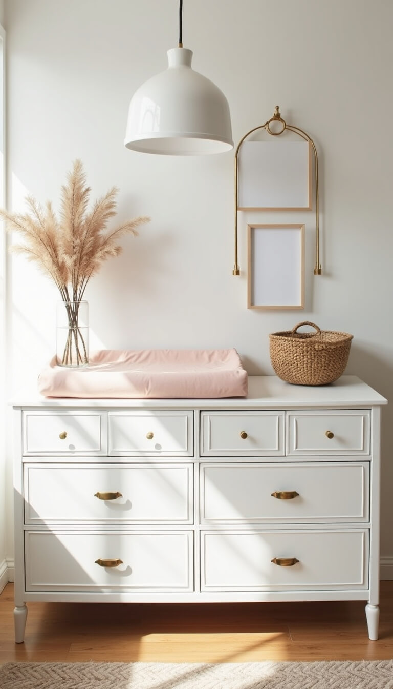 Overhead view of changing table with white 6-drawer dresser, blush changing pad, woven baskets, gold frame, vase of preserved botanicals, and soft white pendant light above.
