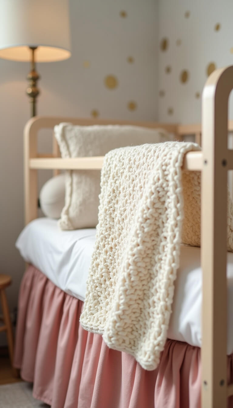 Close-up of crib with layered bedding, cream knit throw, blush velvet skirt, and soft lighting highlighting gold polka dot wall decals.