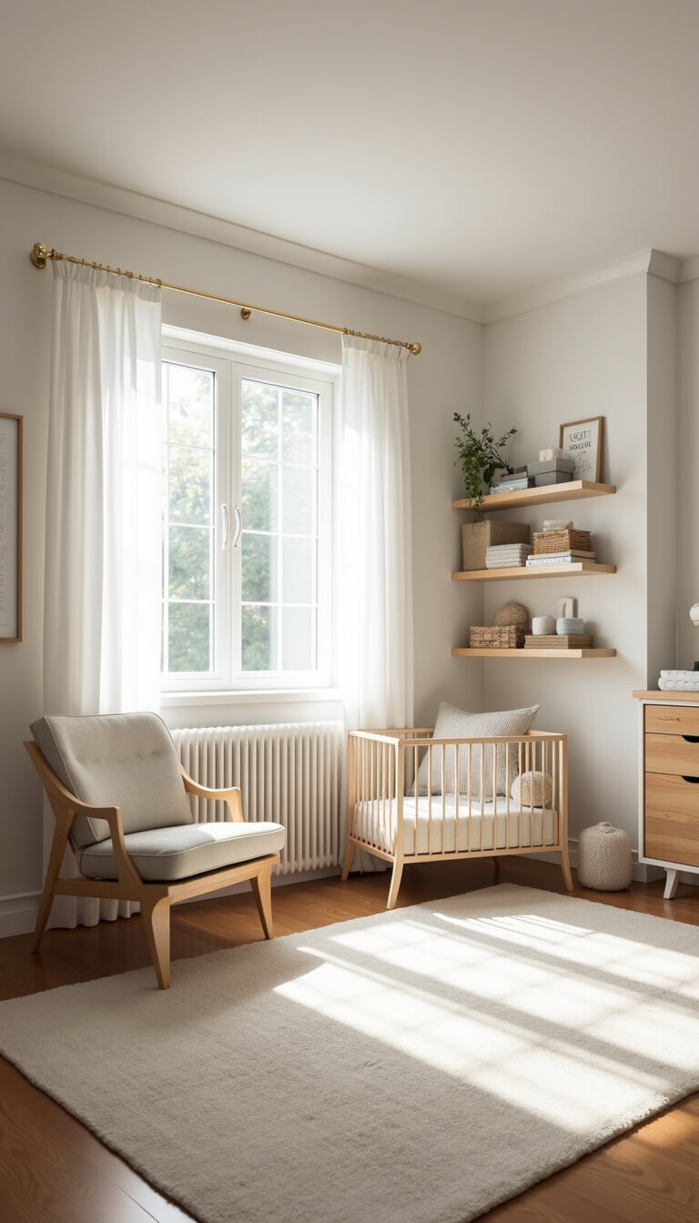 Wide-angle view of nursery with natural morning light, showing crib on right wall between styled floating shelves, changing station opposite large curtained window, glider in corner, and cream wool rug anchoring the space.