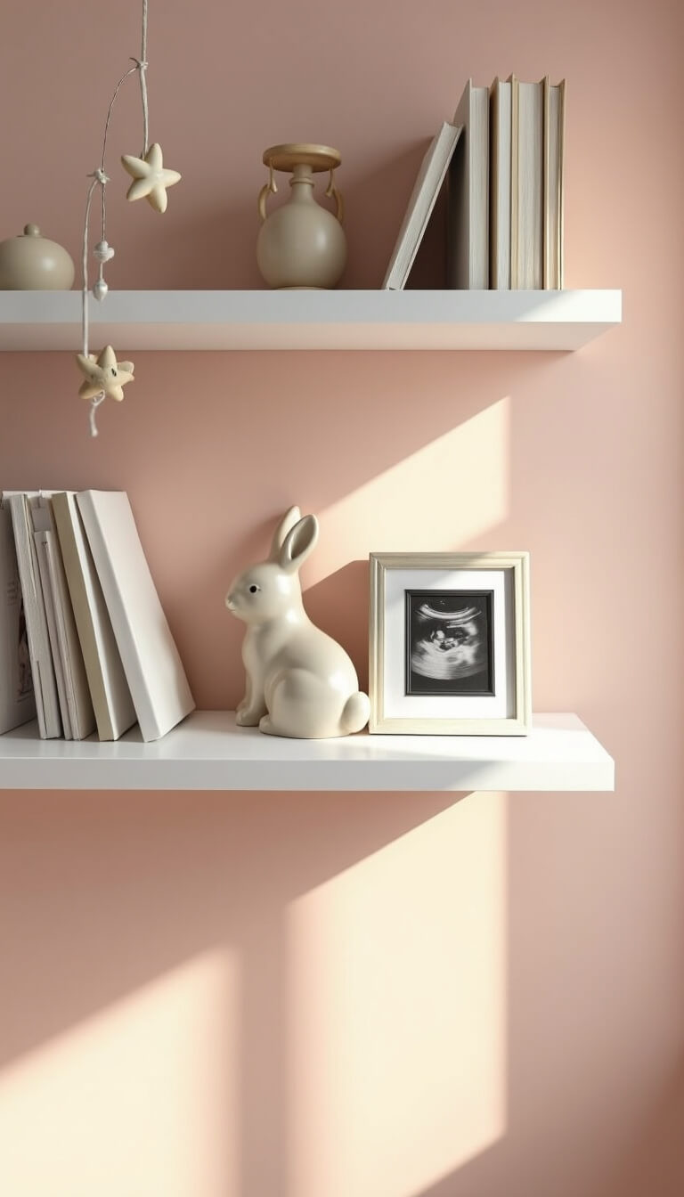 Close-up of styled floating white shelves on blush wall with children's books, ceramic bunny, ultrasound photo in metallic frame, and delicate mobile casting shadows in soft afternoon light.