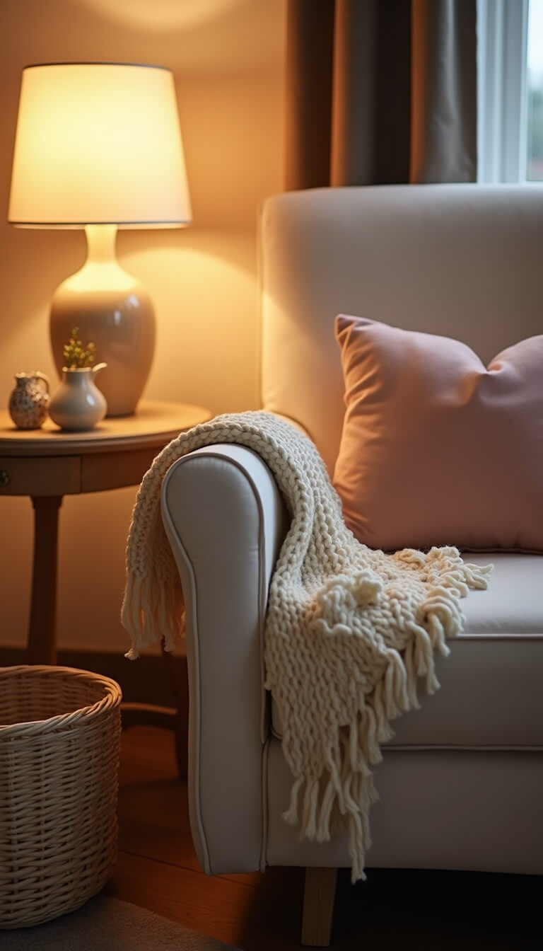 Cozy evening nursery with warm ceramic lamp glow, cream knit throw on glider, blush velvet pillow, woven basket underneath, and soft metallic accents.