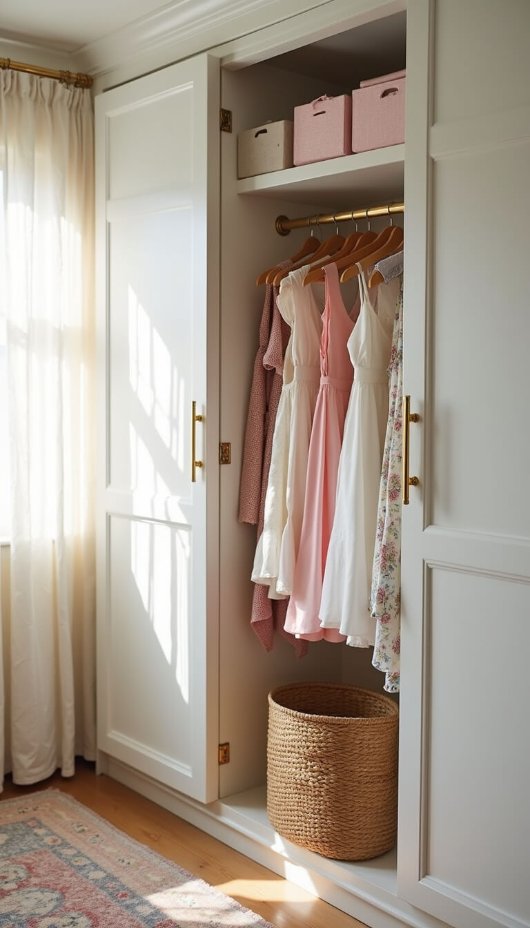 Organized baby closet with white built-ins, gold hardware, tiny dresses, blush storage boxes, and morning light streaming through sheer curtains.