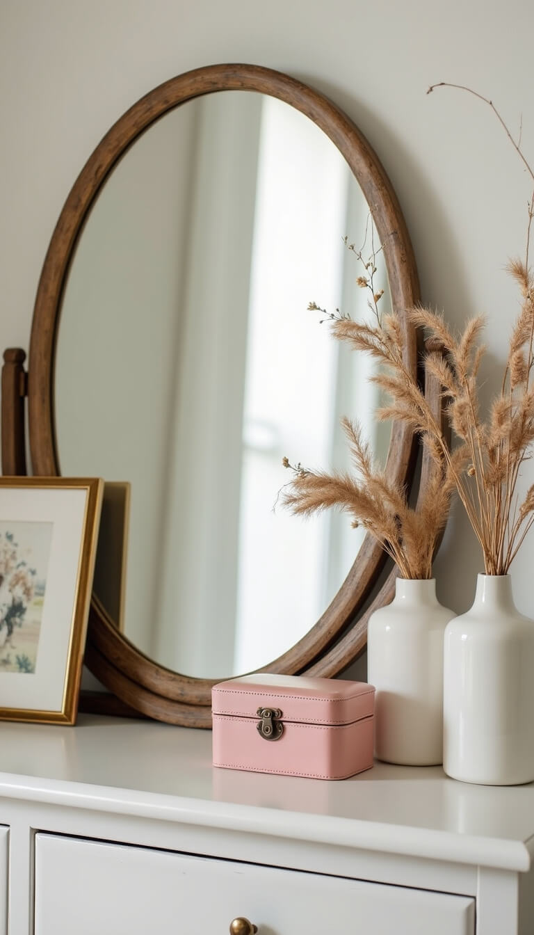 Stylish dresser top with vintage oval mirror, brass frames, white vases with dried flowers, and blush pink jewelry box.