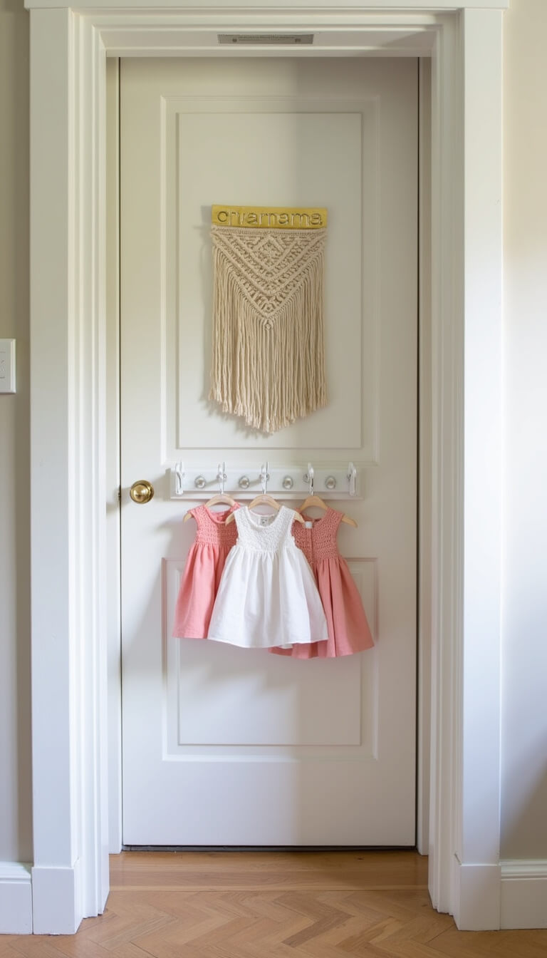 Nursery entrance with gold name plaque on door, white hook rack holding tiny dresses, and cream macrame wall hanging in natural light.