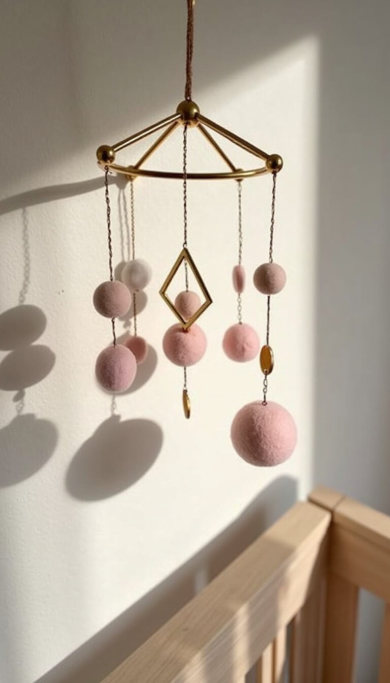 Close-up of crib mobile with gold geometric shapes and pink felt balls, casting shadows on white wall with twinkle lights at twilight.