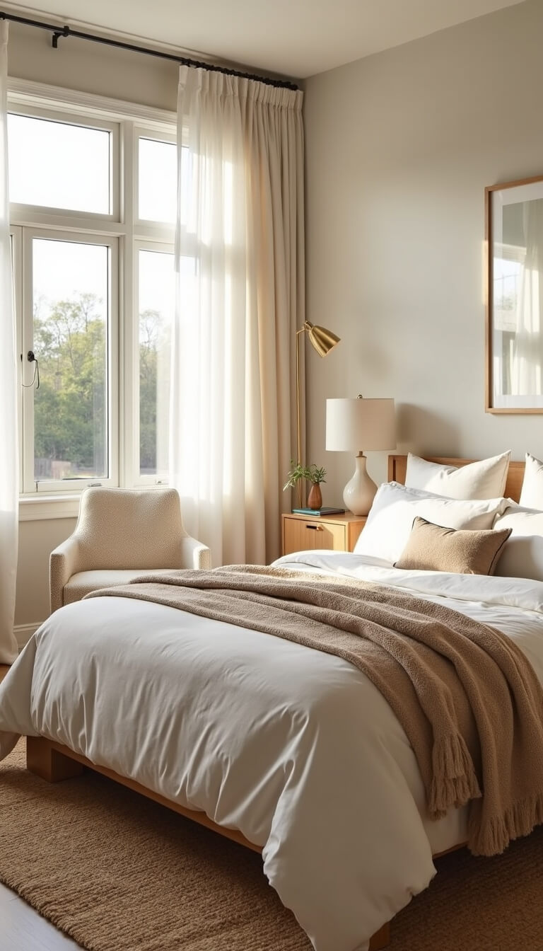 Contemporary 14x16ft bedroom with king-sized bed in ivory linens, light oak nightstands, cream boucle chair, and floor-to-ceiling windows filtering morning light through sheer curtains.