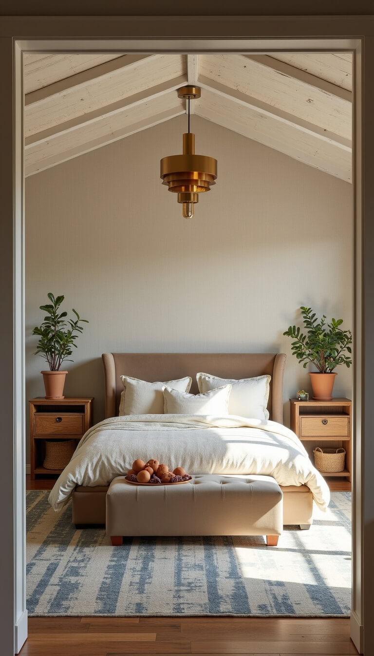 Taupe velvet bed with ivory bedding in a cozy 12x14ft master bedroom at golden hour, featuring grasscloth wallpaper, brass pendant light, whitewashed beams, and vintage blue rug.