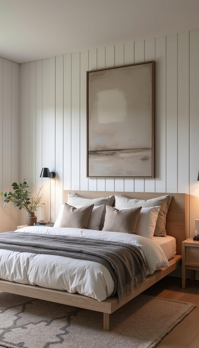 Serene primary bedroom at blue hour with platform bed, layered neutral bedding, warm white shiplap walls, abstract art, wool rug, and ambient lighting.