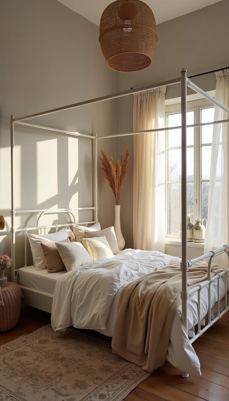 Cozy 10x12ft guest bedroom with white metal canopy bed, layered neutral bedding, vintage Persian rug, rattan pendant light, soft gray walls, and filtered afternoon sunlight through linen drapes.