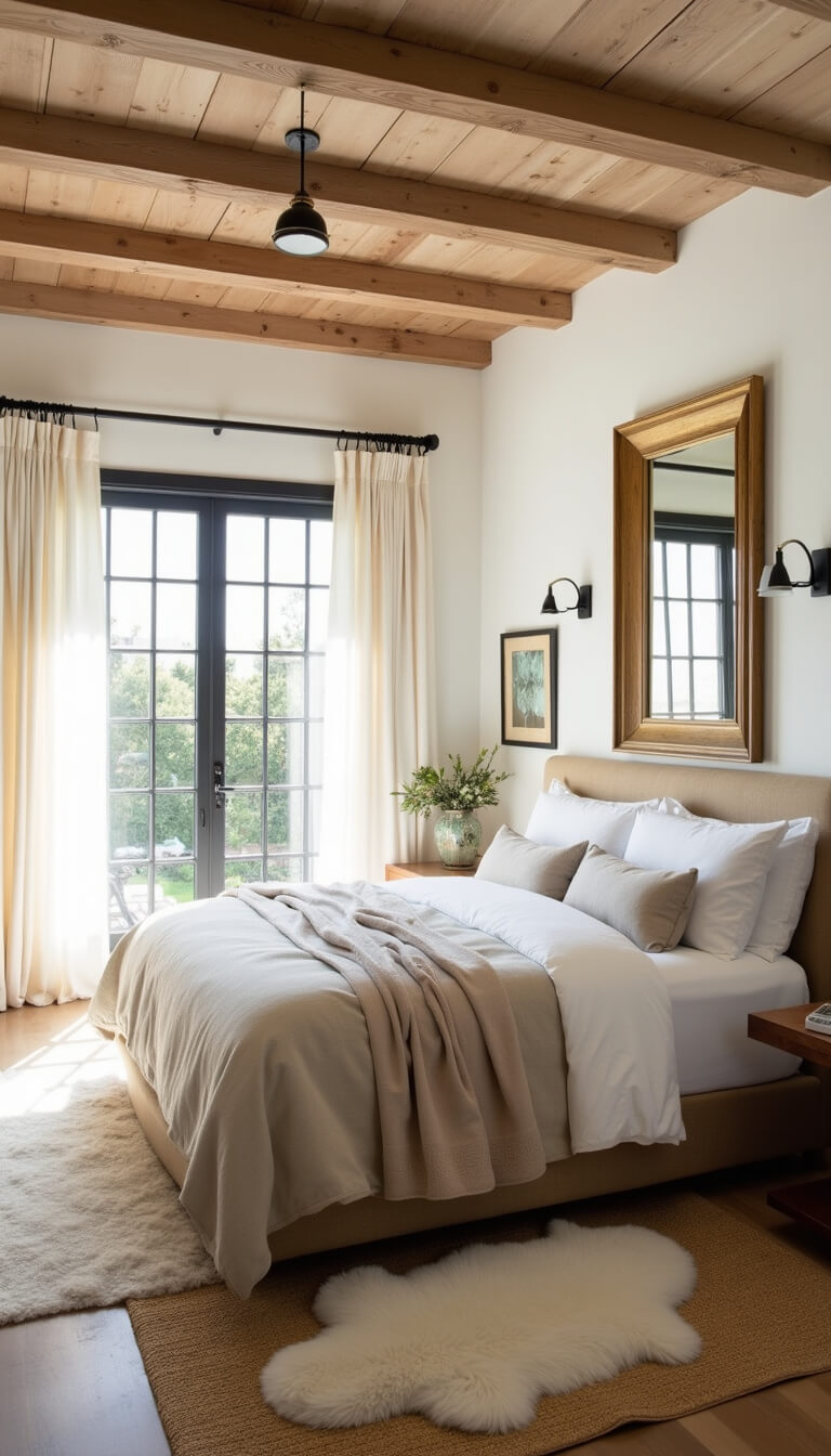 Modern farmhouse bedroom with natural light, neutral linens, reclaimed wood beams, and layered rugs, shot wide near French doors.