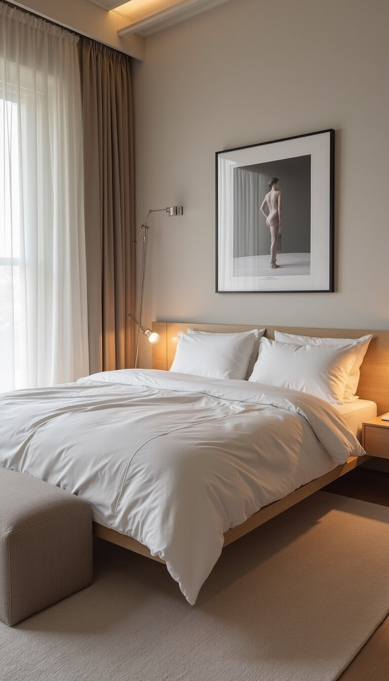 Minimalist 13x15ft bedroom at dusk with floating maple bed, monochromatic bedding, venetian plaster accent wall, brushed nickel floor lamp, and framed photo focal point.