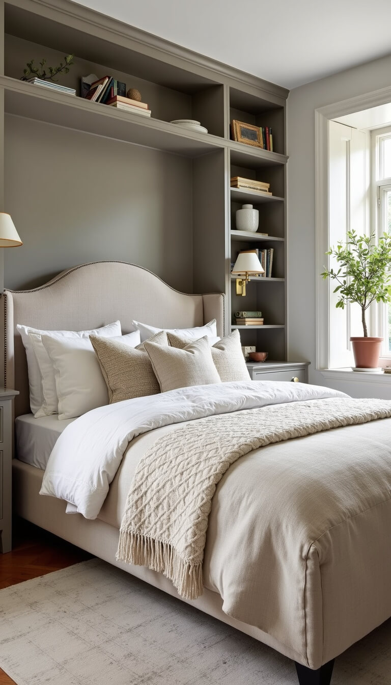 Transitional 14x16ft bedroom with upholstered oatmeal linen wingback bed, layered ivory and cream bedding, warm gray built-in bookshelves, brass sconces, vintage neutral rug, potted olive tree, and balanced midday lighting.