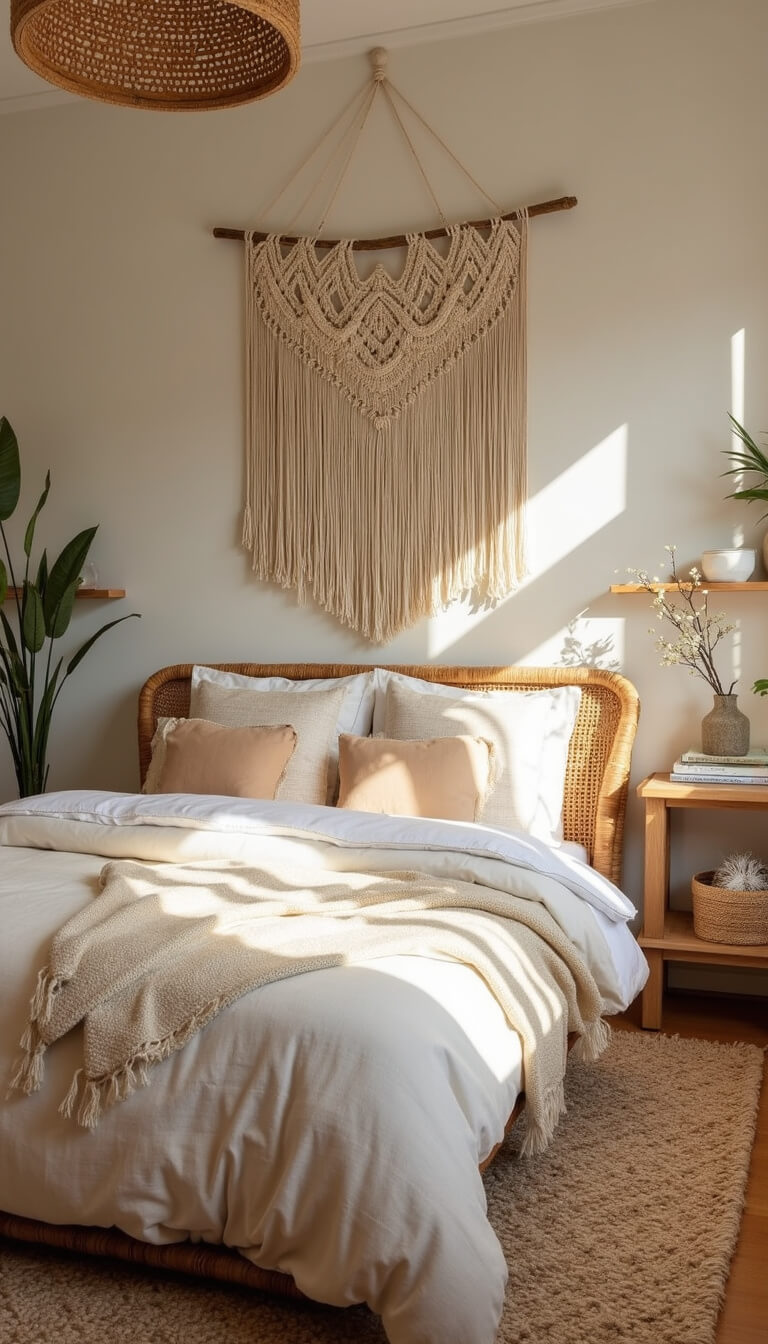 Bohemian 12x14ft bedroom at sunrise with rattan bed, rumpled linen bedding, macramé wall hanging, Moroccan blanket, vintage ceramics, layered rugs, and woven pendant light.