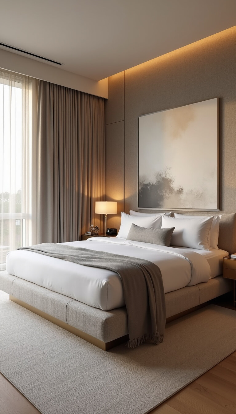 Contemporary 15x17ft primary suite at golden hour with upholstered greige wool bed wall, platform bed with bleached oak nightstands, pearl white silk bedding, dove gray cashmere throws, ivory sheer window panels, abstract neutral canvas, and cream wool carpet.