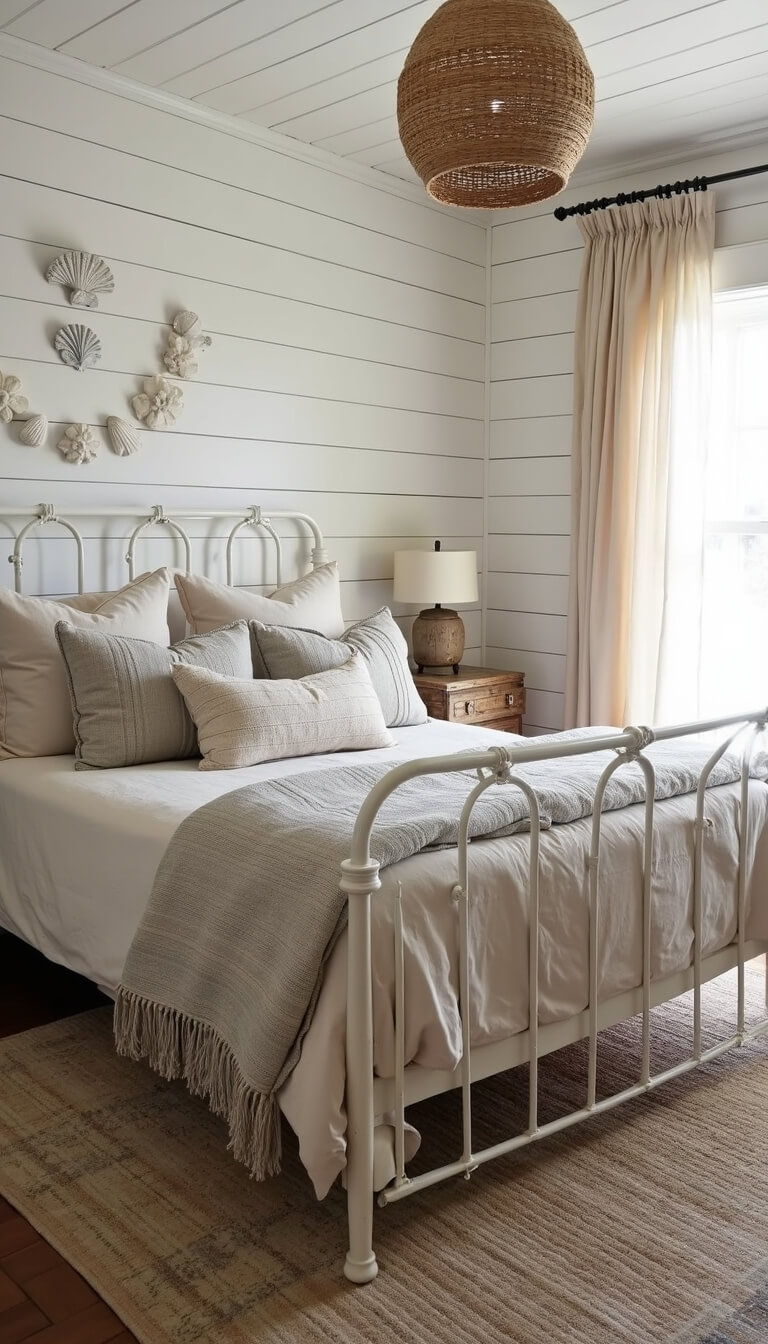 Coastal-style 13x15ft bedroom with white iron bed in sand-toned linens, shiplap walls, vintage indigo accents, rope pendant, layered rugs, and natural midday light through gauzy curtains.