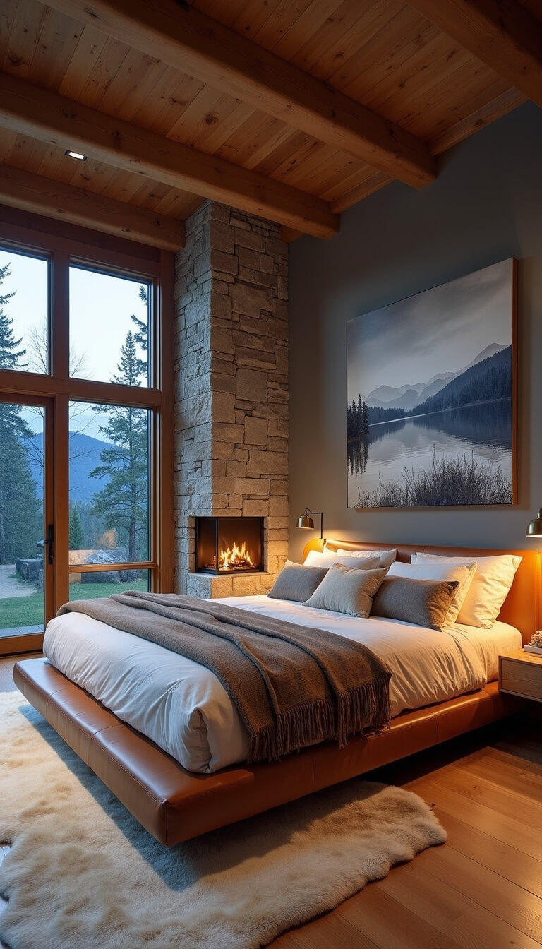 Mountain modern bedroom at blue hour with low-profile cognac leather bed, layered neutral bedding, stone fireplace, bronze sconces, sheepskin rugs, and black and white photography.