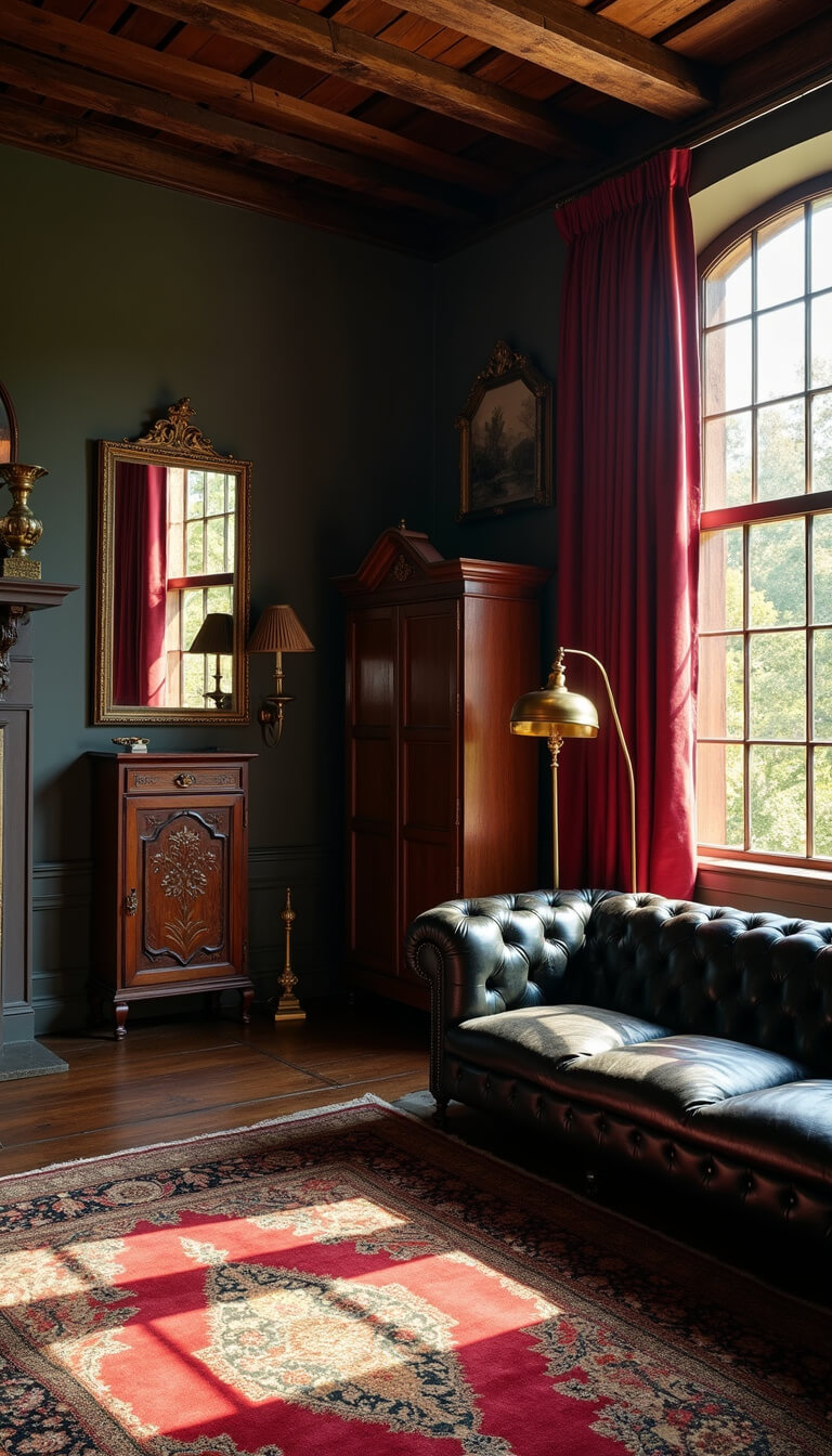 Moody living room at golden hour with sunlight through burgundy drapes, featuring a black leather Chesterfield sofa, antique mirrors, vintage rug, carved armoire, and warm brass lighting.