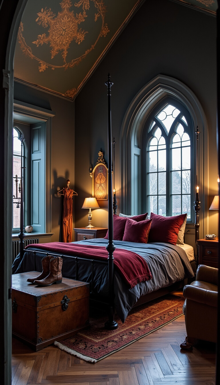 Master bedroom with vaulted ceilings at twilight, featuring a wrought-iron four-poster bed in charcoal linen and burgundy velvet, Gothic arched window with mercury glass sconces, distressed leather trunk with silver candelabra, and Victorian coat stand holding vintage cowboy boots and leather duster.