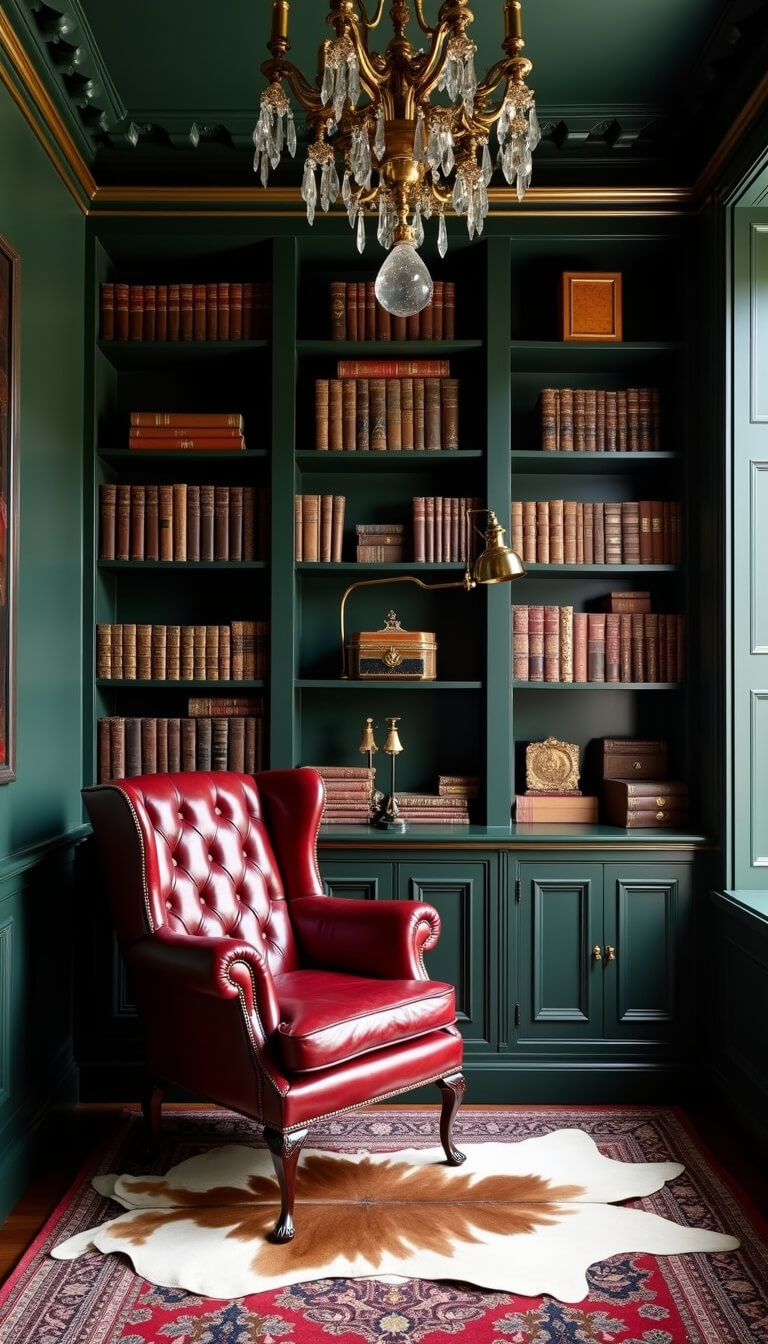 Midnight study nook with floor-to-ceiling black bookshelves, oxblood leather wingback chair under copper lamp, antique decor, and dramatic lighting in a deep green alcove.