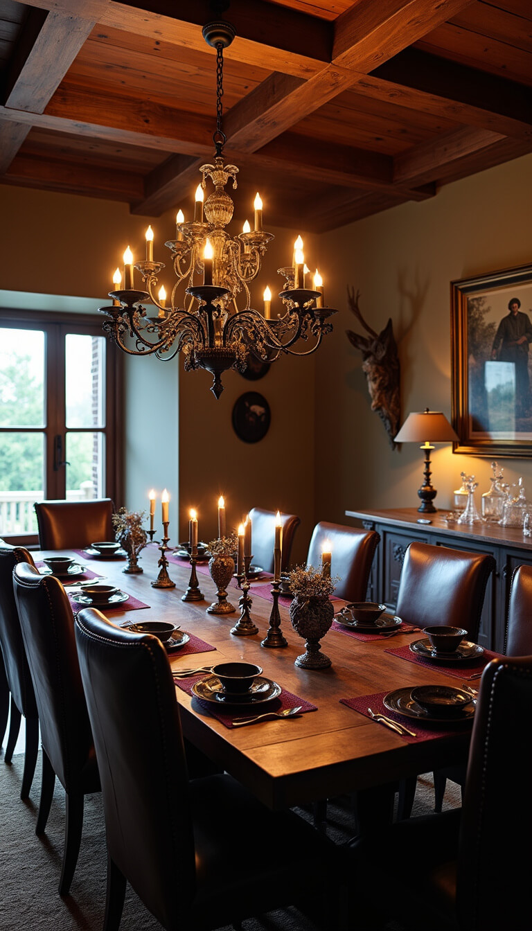 Dining room at dusk with coffered ceiling, large salvaged wood table, high-backed leather chairs, iron chandelier with candle-style LEDs, vintage candelabras, black plates, burgundy linens, Gothic-framed Western photos, and sideboard with crystal decanters and taxidermy.