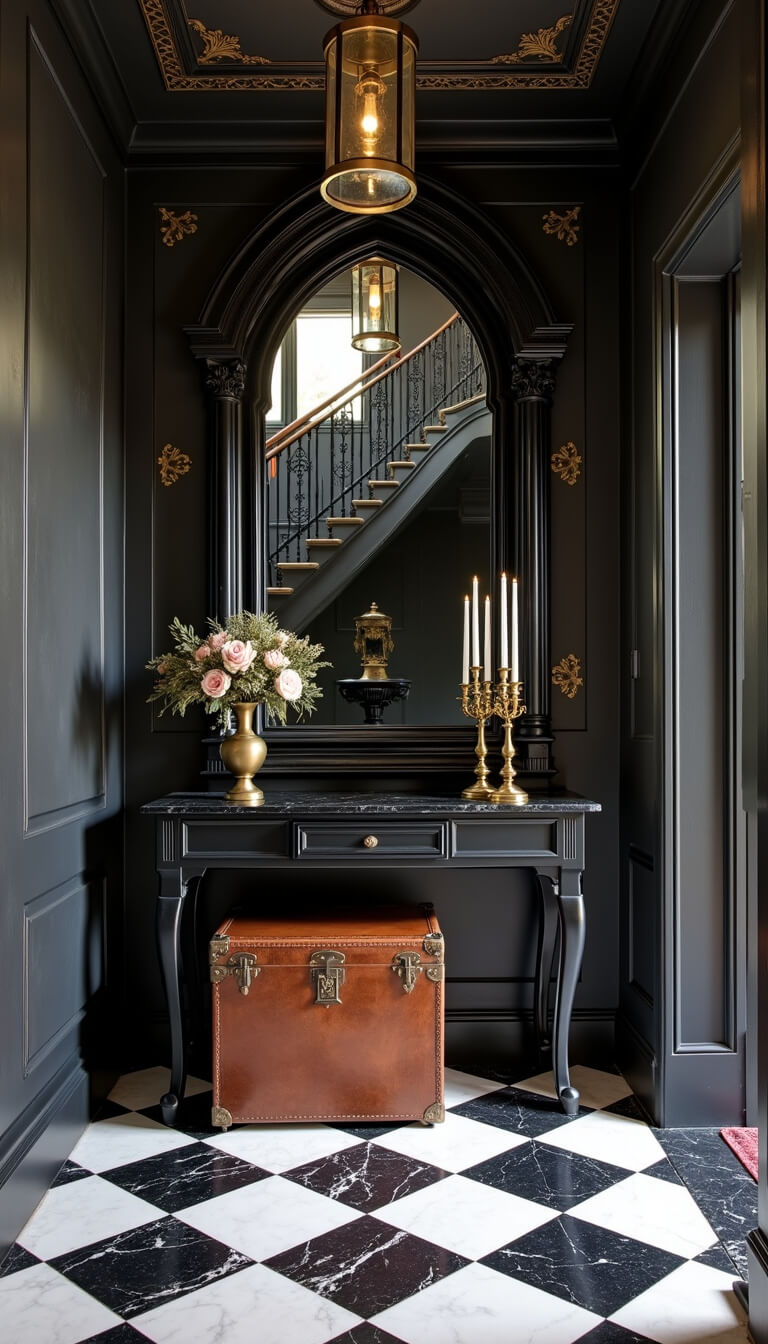 Dramatic entryway with black and white checkered marble floor, curved wrought-iron staircase, Gothic mirror, vintage trunk console, and gold-stenciled charcoal walls.