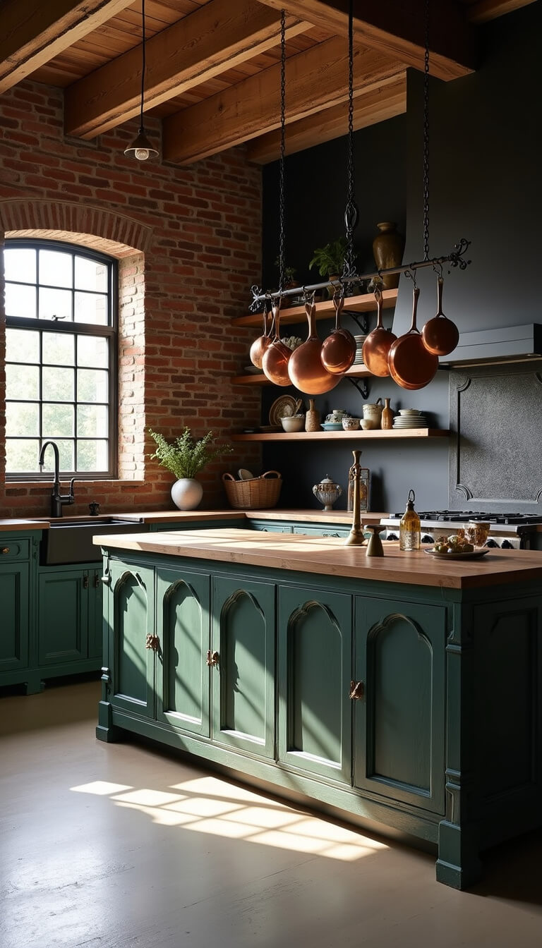 Kitchen with matte black exposed brick walls, forest green Gothic arch cabinets, copper pots over a distressed wood island, cream and black vintage ironstone on open shelves, black soapstone counters, copper sink, and morning light through steel-framed windows.