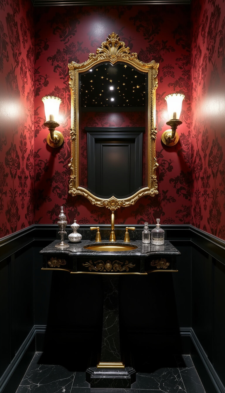 Moody midnight powder room with burgundy and black damask wallpaper, ornate gold mirror, Victorian marble washstand, brass fixtures, Gothic sconces, black ceiling with gold stars, and vintage accessories.