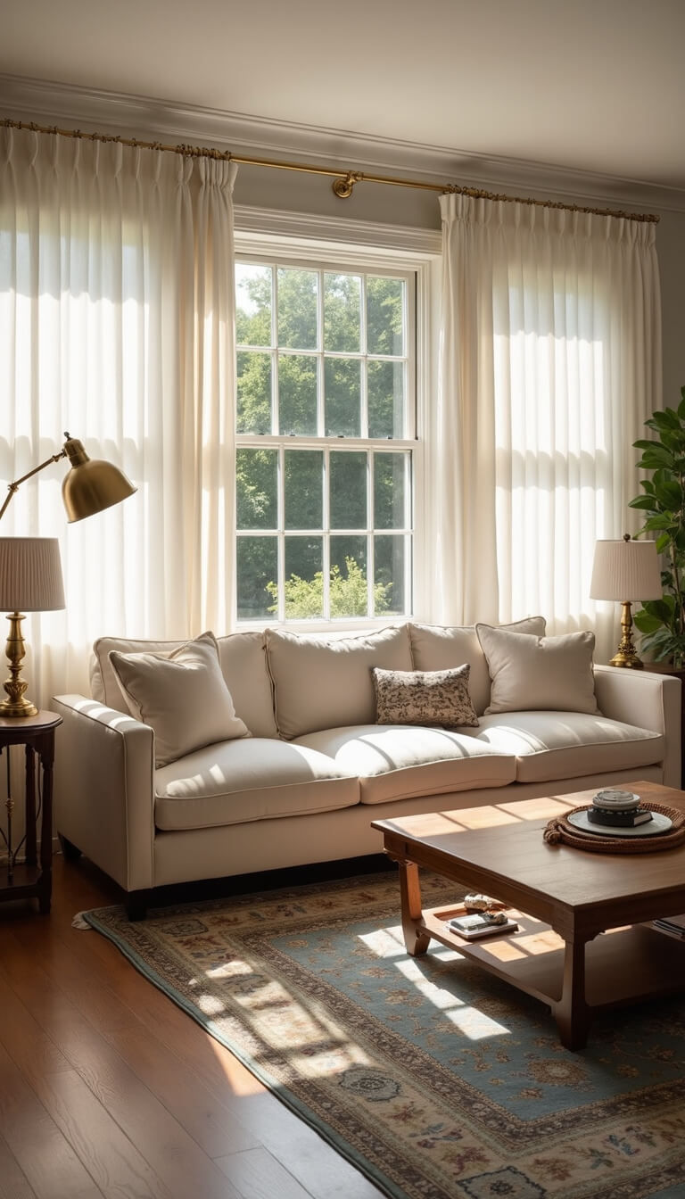 Sunlit living room with cream linen sofa, weathered oak coffee table, and vintage Persian rug on walnut floors, viewed from entrance at golden hour.