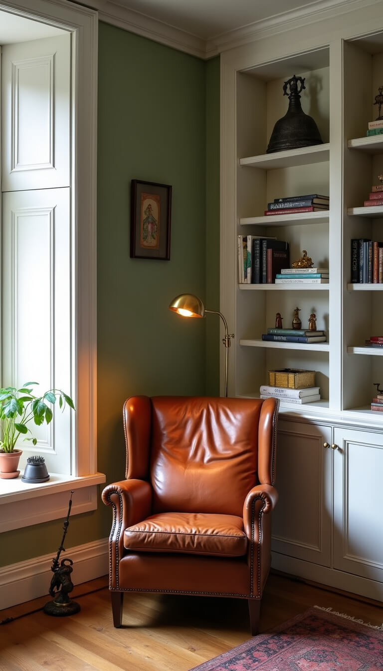 Cozy living room corner at dusk with a cognac leather armchair, white built-in bookshelves, brass accents, and sage green walls softly lit by natural and warm artificial light.