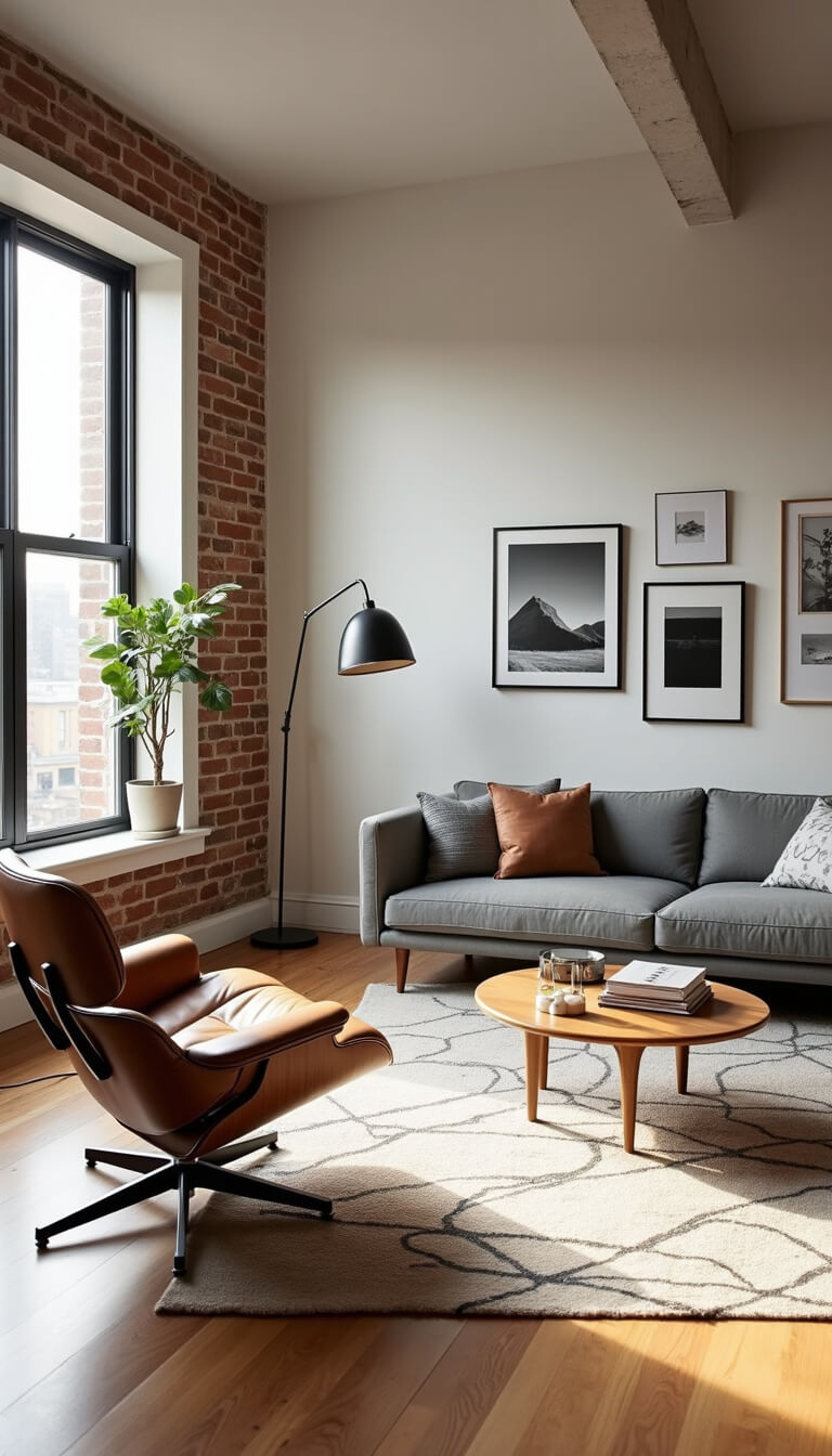 Mid-century modern living room with exposed brick wall, camel leather Eames chair, grey sofa on cream and charcoal rug, and black-and-white photo gallery wall.