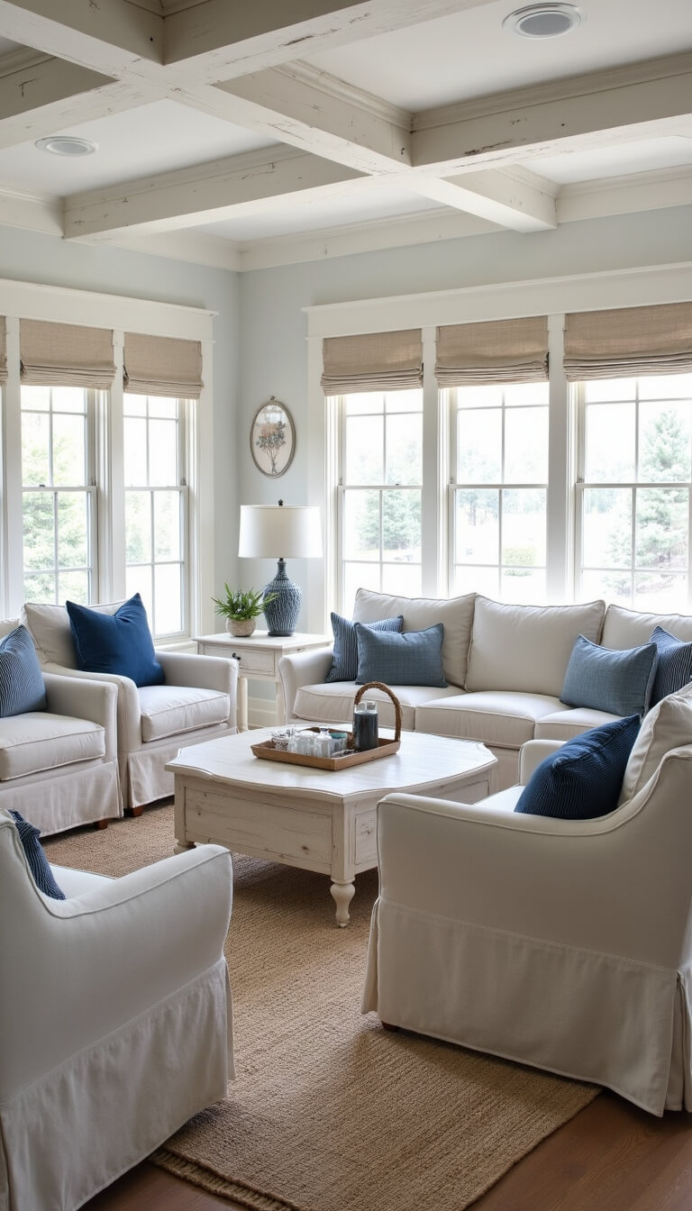 Coastal-themed 16x20ft living room with whitewashed beams, linen furniture, layered rugs, and soft morning light through Roman shades.