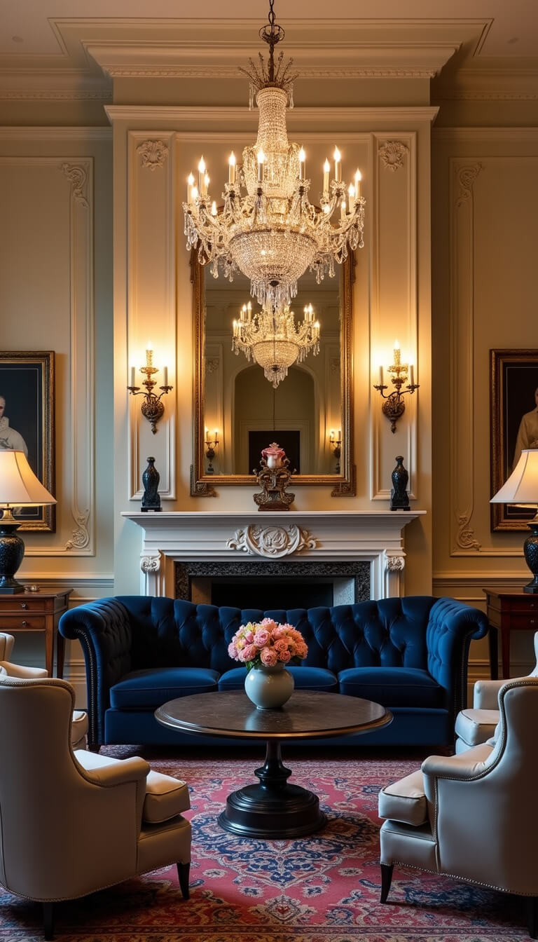 Elegant formal living room with navy velvet sofa, marble fireplace, crystal chandelier, and symmetrical classic décor in warm evening light.